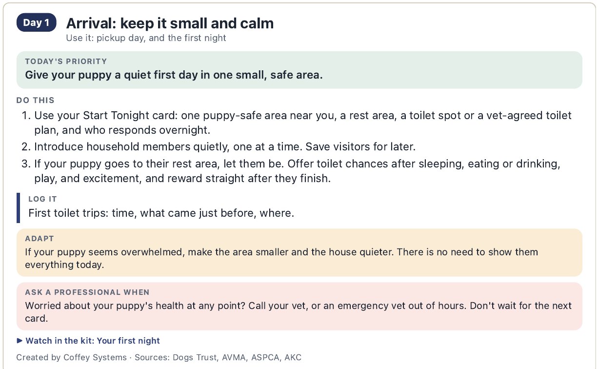 The real Day 1 card: today's priority, three steps, what to log, how to adapt, and when to ask a professional