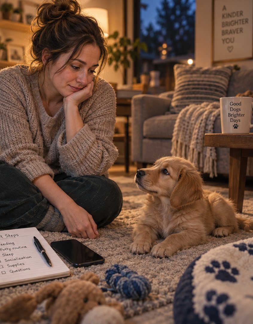 A new owner sitting on the living-room floor with a golden puppy, a notebook of next steps beside her