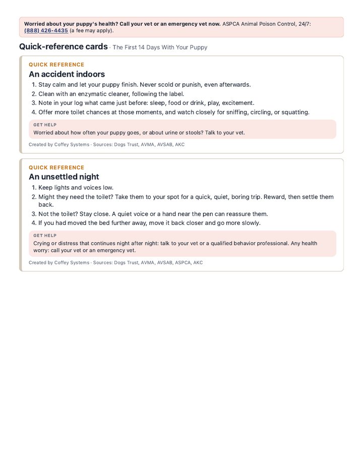 Quick-reference cards for nights, accidents, mouthing and getting help