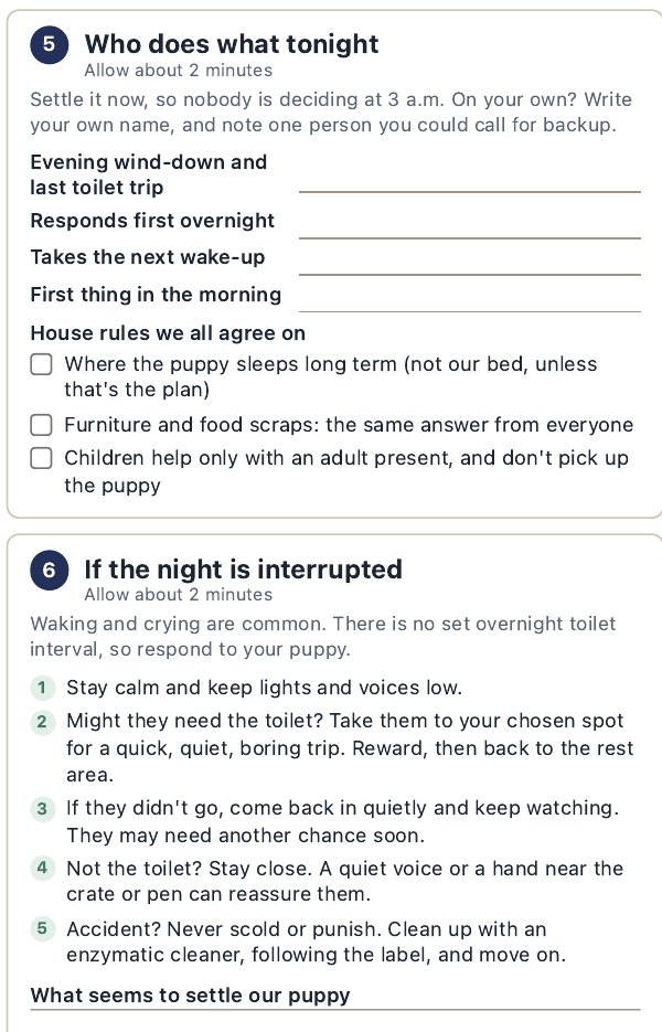 The real Start Tonight card: Who does what tonight, and If the night is interrupted