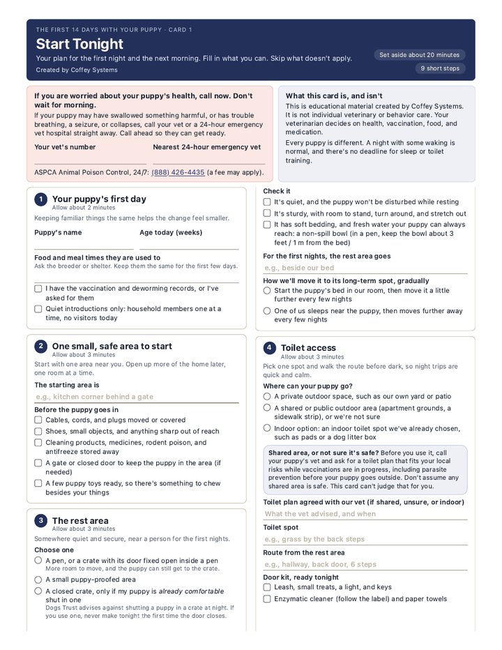 The first page of the printable Start Tonight card